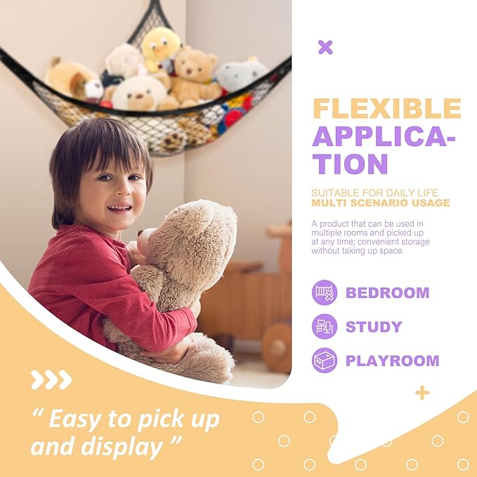 Lazebox Stuffed Animal Net Hammock for Plushie Toys, Stuffed Animal Hammock Corner for Kids' Room Decor, Ideas for Organizing Stuffy Collection, Easy to hang with Anchors & Hooks, 1 Pack, Black