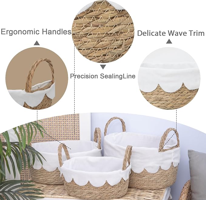 Handmade Seagrass Wicker Storage Basket with Handles & Removable Liner,Eco-Friendly Oval Woven Shelf Basket Organizer for Home Decor,Set of 3