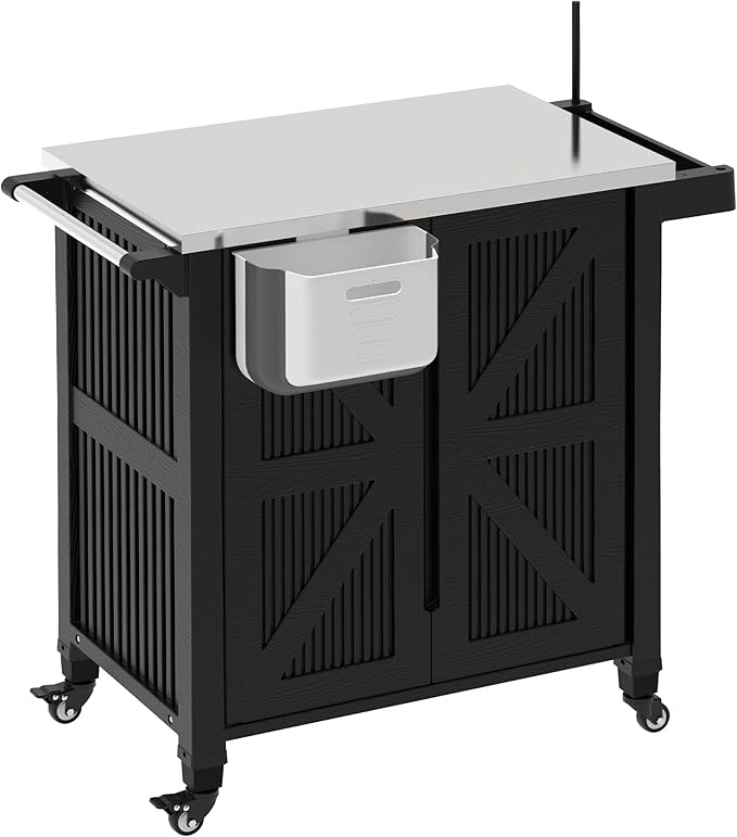 Outdoor Grill Cart with Storage Cabinet, Movable Kitchen Island with Stainless Steel Countertop, 4 Swivel Wheels, PP Material Rolling BBQ Food Prep Table Cart for Patio, Poolside, Black