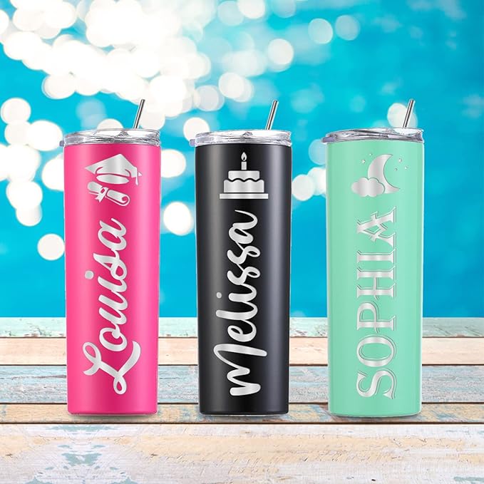 Personalized Skinny Tumbler with Lid and Straw Custom Engraved Insulated Stainless Steel Cup with Name Text Customized Gifts for Women Men Him Her Dad Mom 20oz