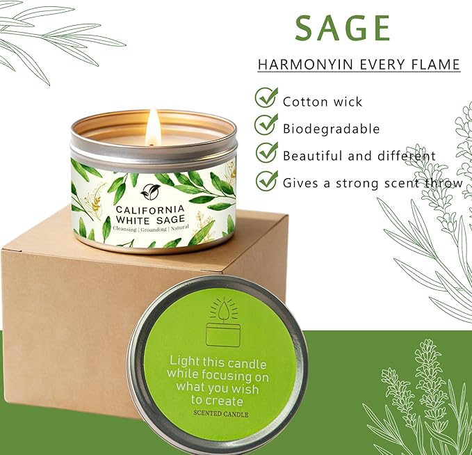 Sage Candles for Cleansing, White Sage Candle 6 Oz- 35 Hour Burn Time, Soy Wax Aromatherapy Candles for Cleansing House Negative Energy Smudge Kit, Scented Candle Gifts for Women