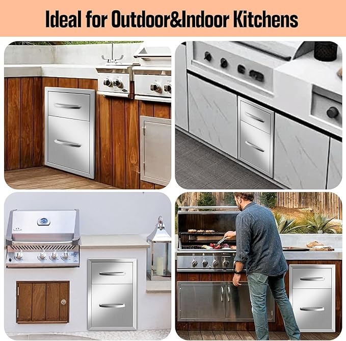 Outdoor Kitchen Drawers Stainless Steel 13W x 20.5H x 21D, Flush Mount Double BBQ Island Drawers with Handle for Outdoor Kitchens, Patio or Grill Station