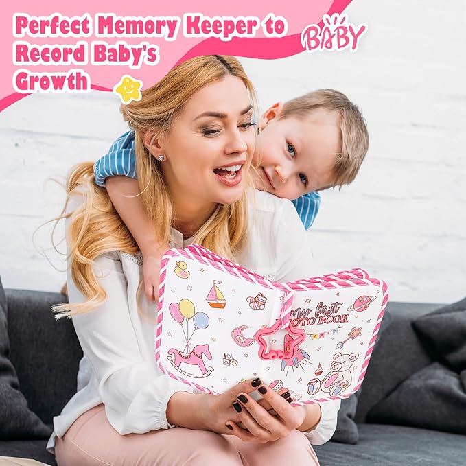 Lanpn Baby Photo Album Holds 17 4x6 Pictures, My First Soft Cloth Family Photo Book with Name Card & Name Tag Sticker, Fabric Kid Memory Keepsake Gift for Baby Shower Newborn Toddler Girl (Bear)