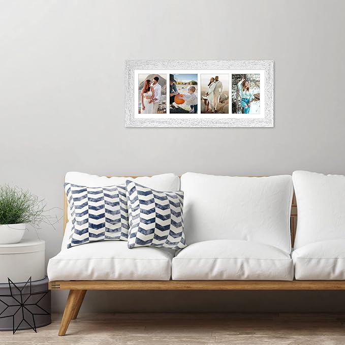 8x21 Picture Frame Display 4 opening 5x7 Collage Picture Frame,Multi Photo Frame with Mat,Plexiglass,Horizontal and Vertical Formats for Wall Decor,Distressed White Wood Grain