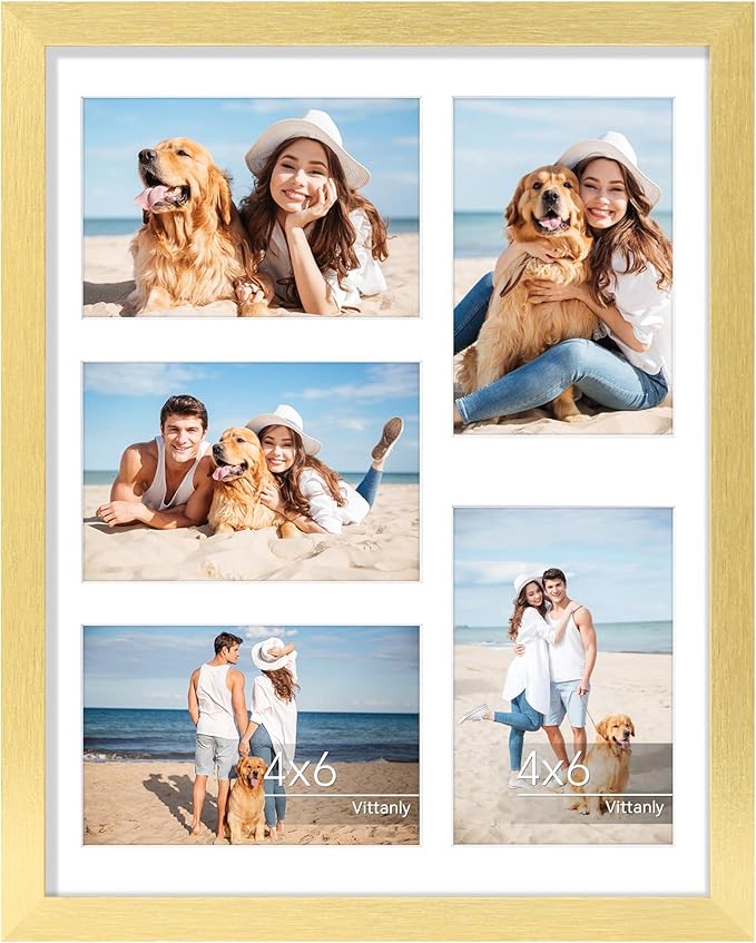 Vittanly 11x14 Collage Picture Frame, Displays 5Pcs 4x6 Pictures with Mat or 1Pc 11x14 without Mat for Wall Mounting, Picture Frames Collage Wall Decor in Gold, 1 Pack