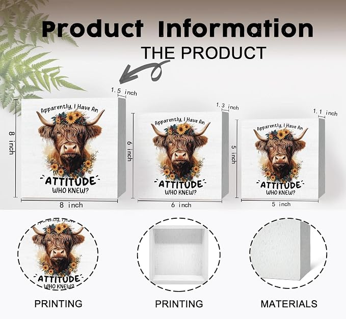Highland Cow Sign, Farm Cottagecore Animal Office Kitchen Bedroom Decor, Apparently I Have an Attitude Who Knew Wooden Box Signs, Apparently Highland Cow Gifts for Women Men 8x8 in Decorative Signs & Plaques