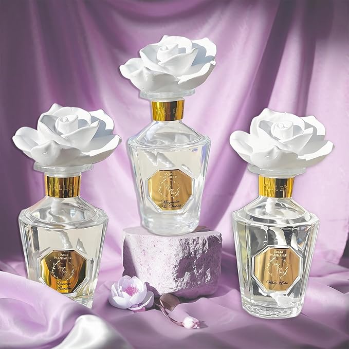 Reed Diffuser Set, Pretty Valley Home Diffuser Rose Petals Gypsum White Flower Oil 100Ml / 3.38fl OZ Gift Box for Bathroom Office Bathroom Living Room Decor (White Lotus)