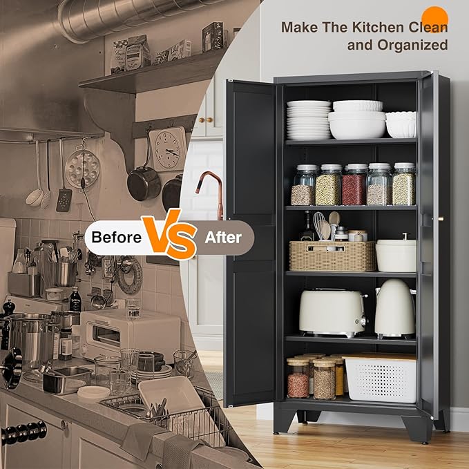 Yizosh Metal Pantry Cabinet,Tall Kitchen Pantry Storage Cabinet with Doors and Adjustable Shelves - 61" Black Cupboard Cabinet for Kitchen, Living Room,Dining Room,Home