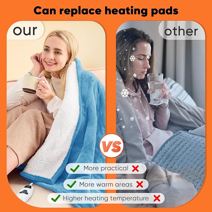 greenoak Heated Blanket Electric Twin 62"X84", Heating Blankets with 10 Levels 8 Hours Auto-Off, Soft Flannel Sherpa Fluffy House Warming Gifts for Grandma Seniors Momt, Pale Blue