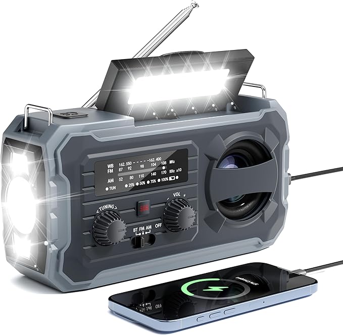 Hand Crank Emergency Radio, 10000mAh Weather Radio with AM/FM/NOAA, Solar Prower, SOS Alarm, Phone Charging, LED Flashlight, Portable Survival Gear for Outdoor & Home Emergencies Kits, Grey