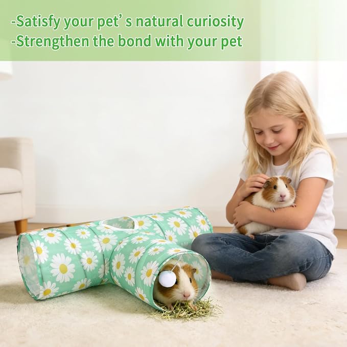 Rypet Guinea Pig Tunnel Hideout 3-Way Collapsible Small Pet Tubes, Daisy | 3 Way Design for Exploration, Collapsible for Easy Storage, Built-in Play Ball, Hiding & Resting for Hamsters Ferrets