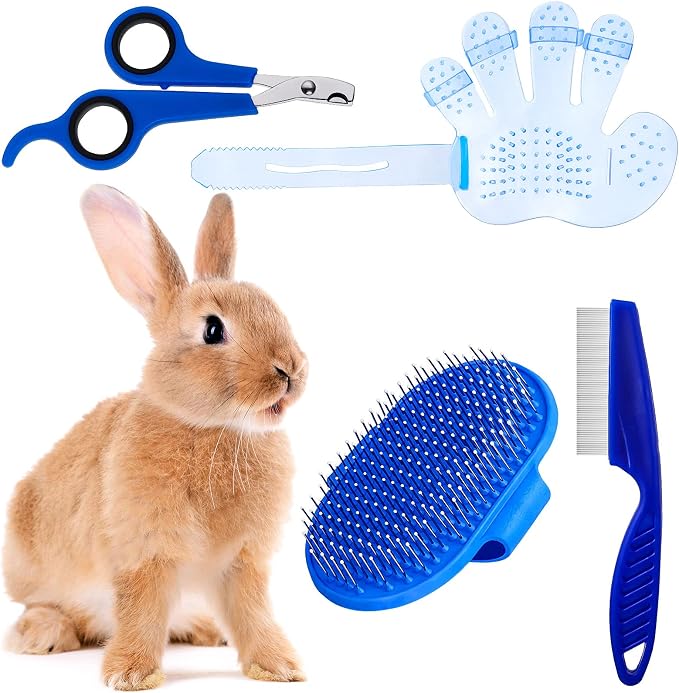 Patelai 4 Pieces Bunny Grooming Kit Rabbit Nail Clipper Rabbit Brush Hair Remover Shampoo Brush with Adjustable Ring Handle for Rabbits Guinea Pig Hamsters Puppy Kitten Hamster Ferret(Blue)