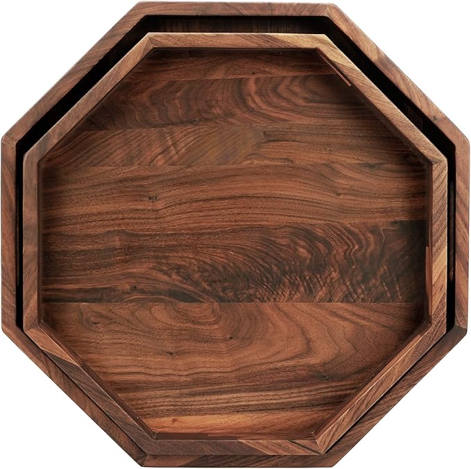Set of 2 Large Octagonal Black Walnut Wood Ottoman Tray with Handles, Serve Tea, Coffee, Classic Wooden Circular Decorative Serving Tray, 14 &12 inches