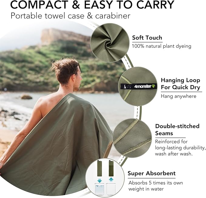 4Monster Quick Dry Travel Towel with Case & Carabiner – Super Absorbent Microfiber Gym & Camping Towel. Compact, Lightweight, Fast Drying for Beach, Swimming, Hiking, Backpacking