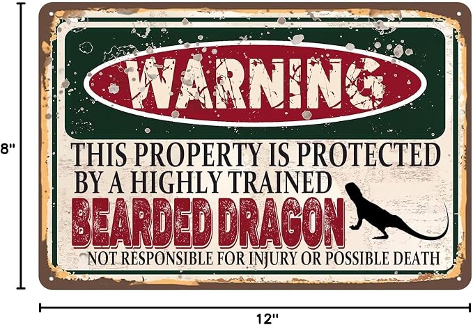 Vintage Bearded Dragon Metal Sign Wall decor | Warning this property is protected by a highly trained Bearded Dragon Sign Funny Tin Signs 12x8 Inch
