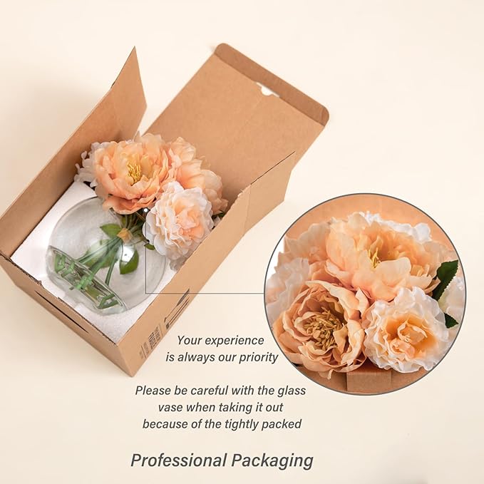 Artificial Flowers in Vase, Silk Peonies Flowers for vase with Faux Water for Coffee Table Decor, Fake Flower Arrangements Thanksgiving Fall Winter Dinning Table Centerpieces & Gift (Apricot & Nude)