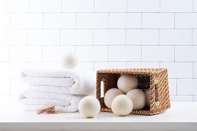 Woolzies Wool Dryer Balls Organic: 6 XL Laundry Balls for Dryer + 10 ml Lavender Essential Oil Combo for use as 100% Pure and Natural Fabric Softener | Best Scented Wool Balls Laundry