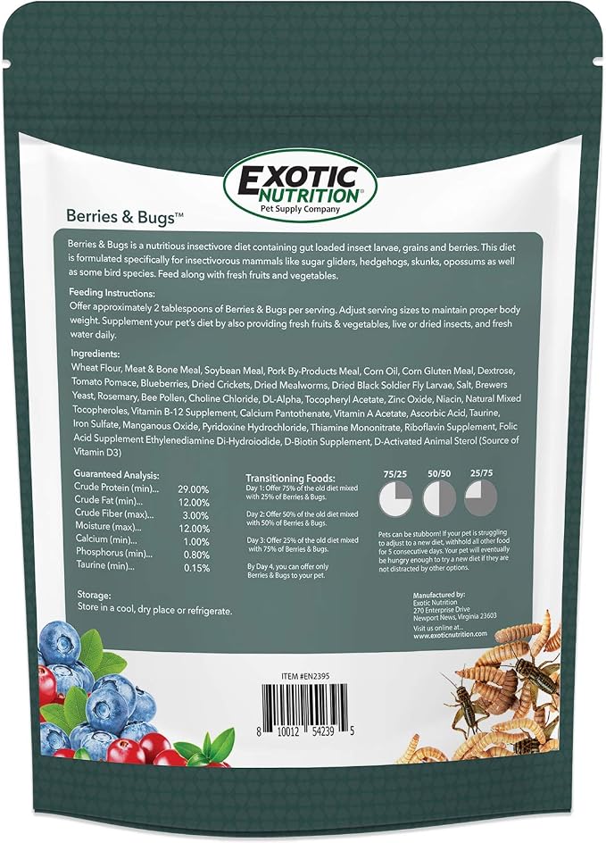 Berries & Bugs 1.5 lb - All Natural High Protein High Fiber Food for Hedgehogs, Skunks, Opossums, Sugar Gliders - Universal Insectivore Diet with Fruit, Gut-Loaded Insects, & Healthy Vitamins
