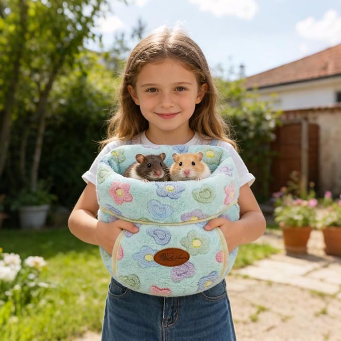 YUEPET Guinea Pig Bed, Warm Fleece Cuddle Cave, Green Flower | Cozy Guinea Pig House, Portable Guinea Pig Hideout, Soft Coral Fleece, Washable Cushion, Slipper Shape