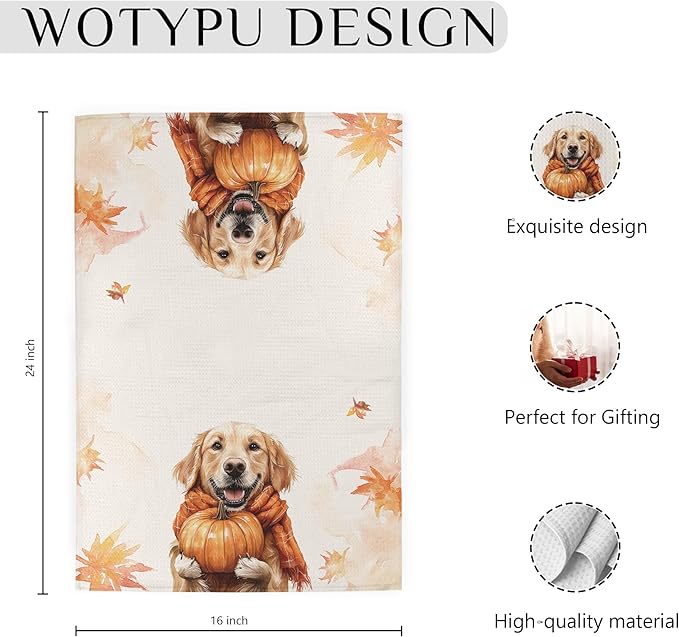Fall Golden Retriever Gift Kitchen Towels, Golden Retriever Lovers Gifts, Farmhouse Fall Autumn Maple Leaf Dog Decorative Dish Hand Tea Towels for Bathroom Kitchen, 16x24 Inch