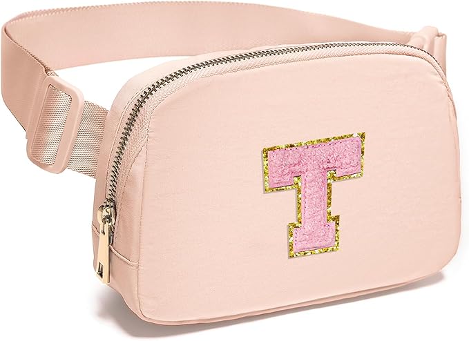 Gitus 6 7 8 9 10 Year Old Girl Gifts Belt Bag Fanny Pack Crossbody Bags with Initial Letter Patch Things for Teen Girls Easter Gifts for Girls Travel Essentials(Coral Pink-T)