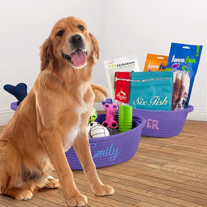 HUTARIO Personalized Woven Basket Embroidered Name with Gift Bags and Ribbons,Empty Small Rope Basket,Durable Storage Custom Purple Basket with Handles for Baby Showers,12"×8"×5"