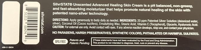 SilvrSTAT Advanced Healing Skin Cream with Silver, Vitamin E, & Hyaluronic Acid Which Promotes Natural Healing | Unscented | 3.4 oz