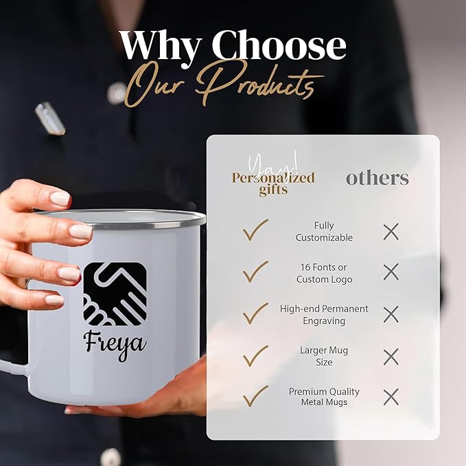 Custom Camping Mug, Personalized Stainless Steel Coffee Mugs With Logo and Text, 15oz Metal Campfire Cups, Travel Cup for Hot Chocolate, Tea, Engraved Gifts for Men, Women