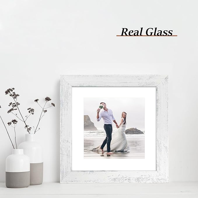 iRahmen 8x8 Picture Frames Set of 4 with Real Glass, Distressed White Frame Display 6x6 Pictures with Mat or 8 x 8 Without Mat, Wood Square Photo Frame for Wall Mount and Tabletop Display