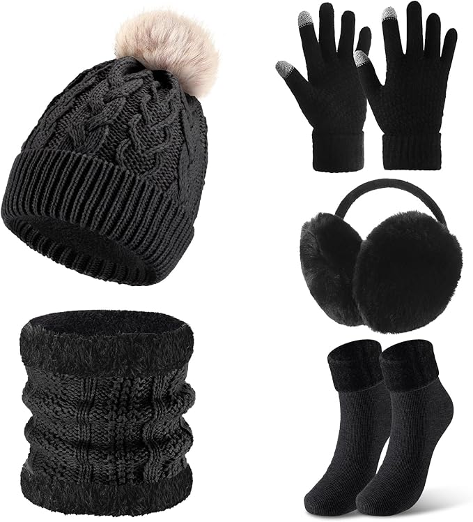 SATINIOR 5 Pcs Winter Hat Scarf Gloves Set Fleece Warm Lined Knit Beanie Hat Touch Screen Earmuff Gloves Warmer for Women(Black,Vivid Style)