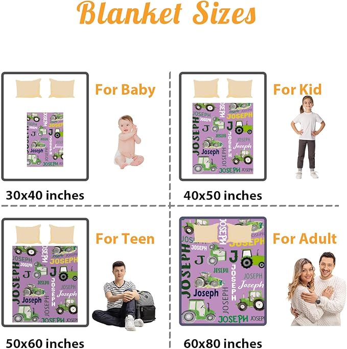 Personalized Tractors Blanket - Custom Name with Farm Tractor Trucks Design - Soft Plush Flannel Bed Blanket for Baby Kid Teen Boys Girls Customized Gifts Purple