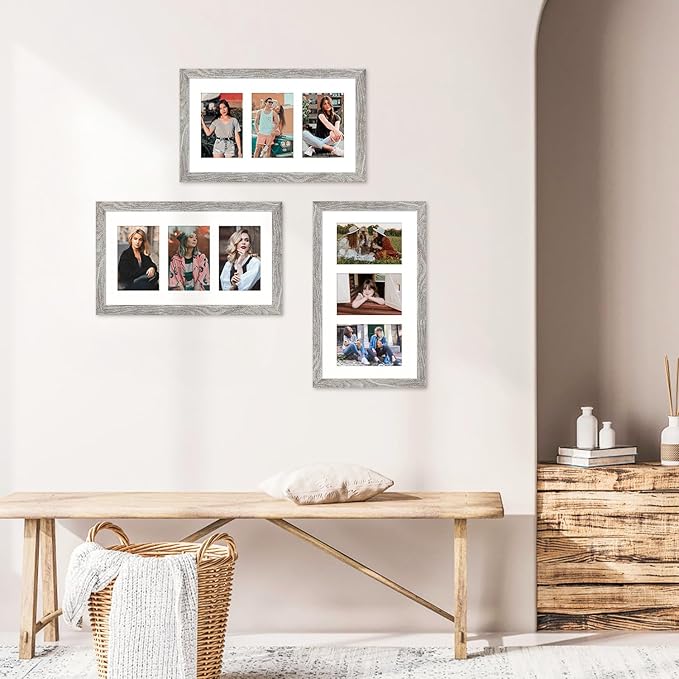 8x14 Collage frame with 3 Openings 4X6 Pictures, Multiple Picture Frame with Mat, Wall or Tabletop Decor, Grey Wood Grain,2 Pack