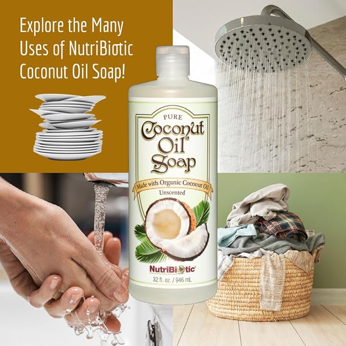 NutriBiotic Pure Coconut Oil Soap, Unscented 32 oz TWIN PACK | Certified Organic, Unrefined, Biodegradable & Gentle on Skin | No GMOs, Gluten, Parabens, Sulfates, Dyes or Colorings