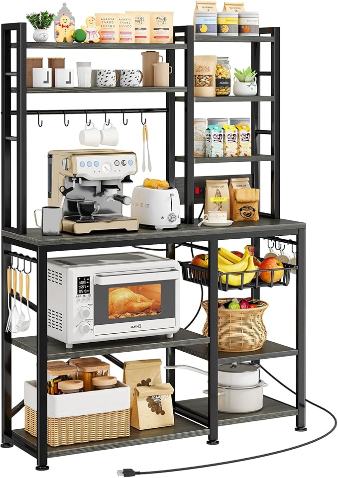 SNTD Baker Rack with Power Outlet - Microwave Stand with Storage, Large Coffee Bar Station with 14 Hooks, Metal Kitchen Shelf Rack for Spices, Pots (Rustic Grey)