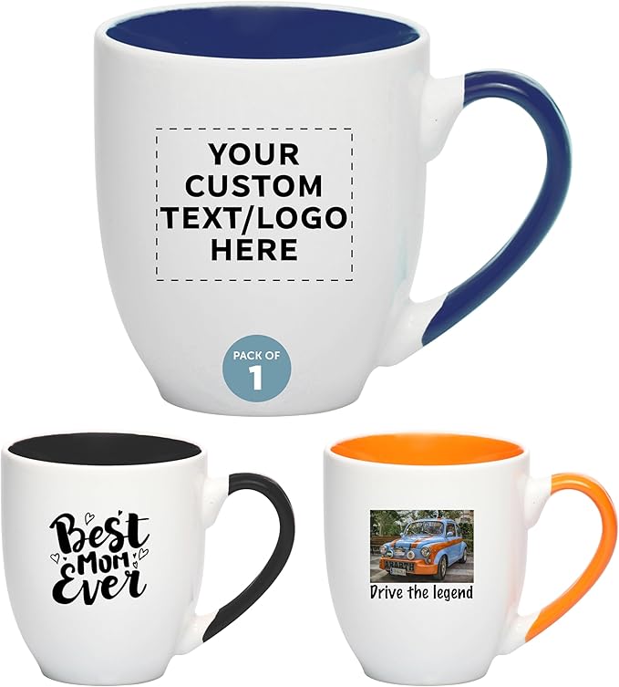 Custom Bistro Style Large Coffee Mugs 16 oz. Set of 1, Personalized Bulk Pack - Perfect for Coffee, Tea, Espresso, Hot Cocoa, Other Beverages - Cobalt Blue
