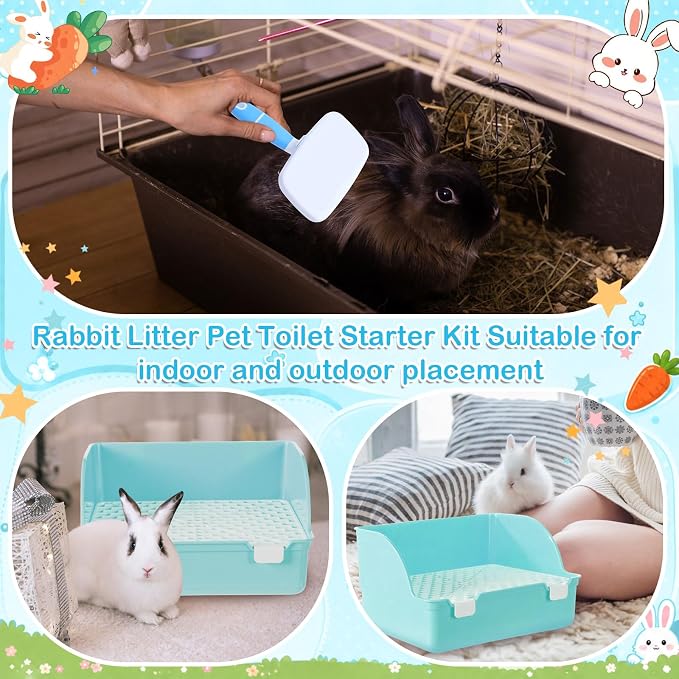 Reallnaive 15 Pcs Rabbit Starter Kit Small Rabbit Litter Box Girls Gift Animal Grooming Kit Bunny Toys Bowl Blankets with Cleaning Set for Guinea Pig Accessories(Sky Blue)