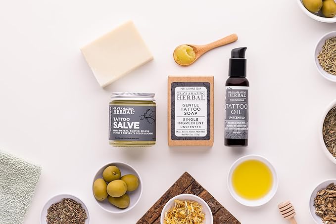 All The Tattoo Aftercare Set, Tattoo Salve, Oil & Soap, Natural Tattoo Aftercare Set, Balm, Moisturizer, Made in the USA, Ora's Amazing Herbal