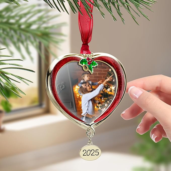 Christmas Tree Ornament Picture Frame Metal Hanging Pendant Holiday 2.5" Photo Frame Charm Decorative of Pets, Baby First Christmas, Family (2025 Red & Golden)