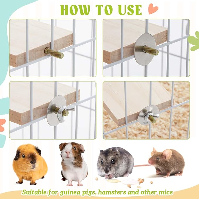 DoubleFill Set of 9 Wooden Hamster Cage Platform Chinchilla Ledges and L Shaped Round Hole Rat Cage Accessories with Cooling Standing Board Food Cup for Squirrel Gerbil Guinea Pig Small Animal