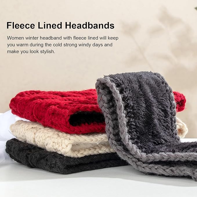 AQOKKA Knit Winter Headbands for Women Fuzzy Wool Fleece Lined Ear Warmers Elastic Turban Crocheted Head Wrap Winter Accessories for Women Cold Weather
