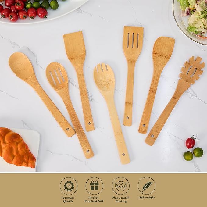 7 Pcs Wooden Spoons for Cooking, Natural Bamboo Utensil Set for Nonstick Pans & Cookware, Non Toxic, Easy Clean, Lightweight & Heat Resistant