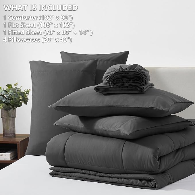 CozyLux King Size Comforter Set Dark Grey, 7 Pieces Bed in a Bag, Dark Grey Comforter King Size, All Season Bedding Sets with Stitch Quilted Comforter, Flat Sheet, Fitted Sheet, Pillowcases