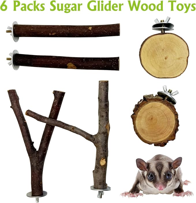 BNOSDM 6 Packs Wood Sugar Glider Toys Wooden Sugar Glider Perch Stand Climbing Platform Hanging Cage Steps Rat Cage Accessories for Hamster Squirrel
