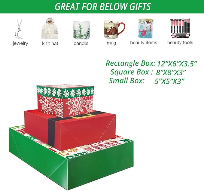 14 Decorative Christmas Gift Boxes with Lids and 80-Count Foil Christmas Gift Tag Stickers (Assorted size, 6 Rectangle, 4 Square, 4 Small Square)