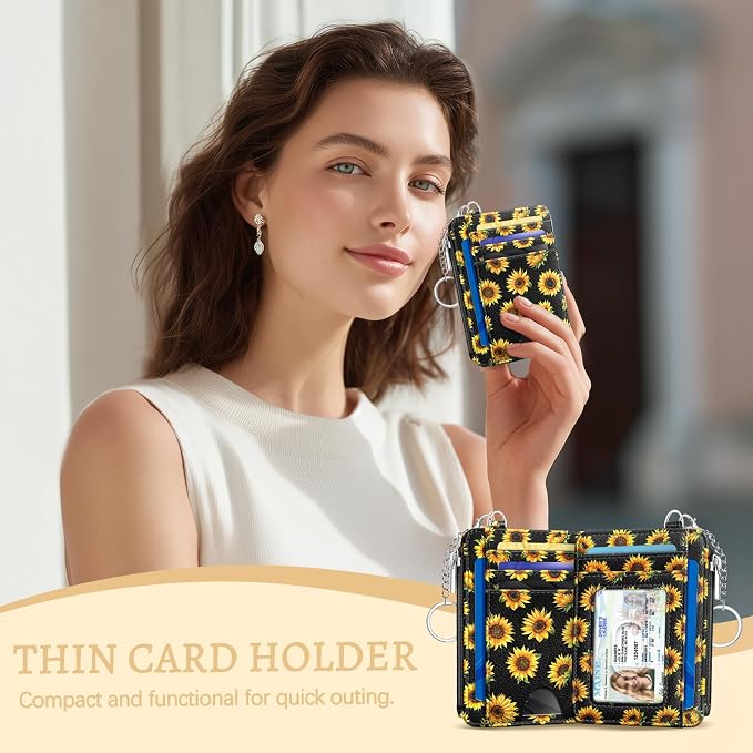 Kelvoris Credit Card Holder Small Wallet Women, Slim RFID, Sunflower | Keychain, Zipper Coin Pocket, Front Pocket Thin Travel Card Case, Minimalist, 6 Card Slots, 1 ID Window, Ladies Gifts Woman