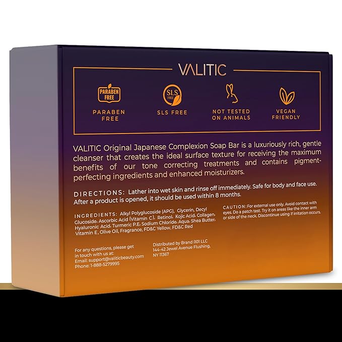 VALITIC 4 Pack Kojic Acid Vitamin C & Retinol Soap Bars for Dark Spot Bundle with 2 Black Exfoliating Gloves for Body Scrubs