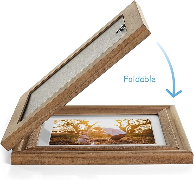 5x7 Double Horizontal Hinged Wood Picture Frame Folding Photo Frame with Real Glass Front in Distressed Farmhouse Wood Grain for Tabletop, Display 4x6 with Mat or 5x7 without Mat X2-MU-2H57