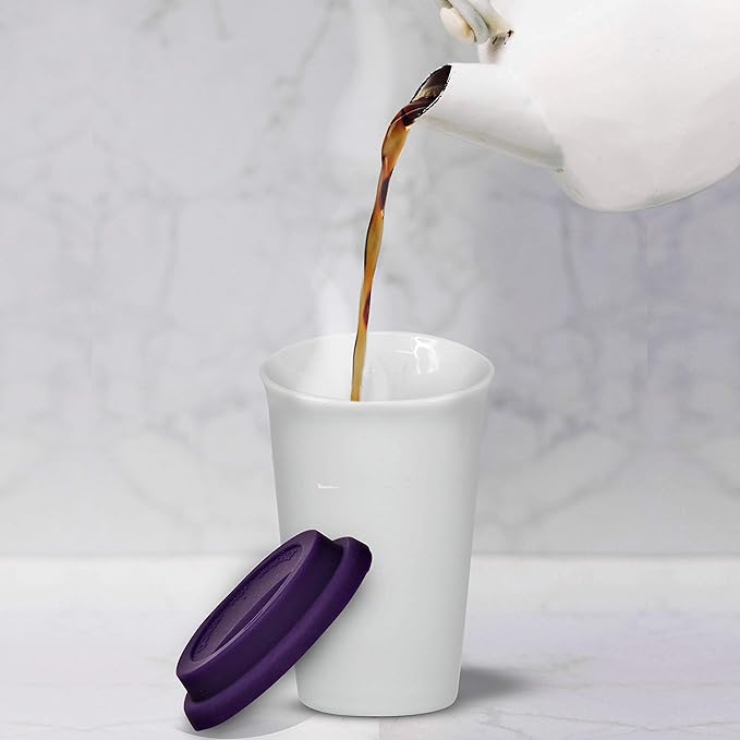 DISCOUNT PROMOS 11 oz. Double Wall Ceramic Tumblers with Lid - 6 Pack - Purple
