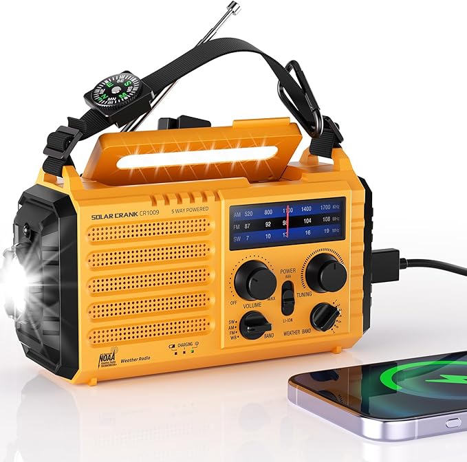 Emergency Weather Radio, 5 Ways Powered Crank Solar Radio, Portable AM/FM/SW/NOAA Weather Radio Battery Operated with Cellphone Charger, Camping Flashlight, Reading Lamp, SOS Alarm for Home Outdoor