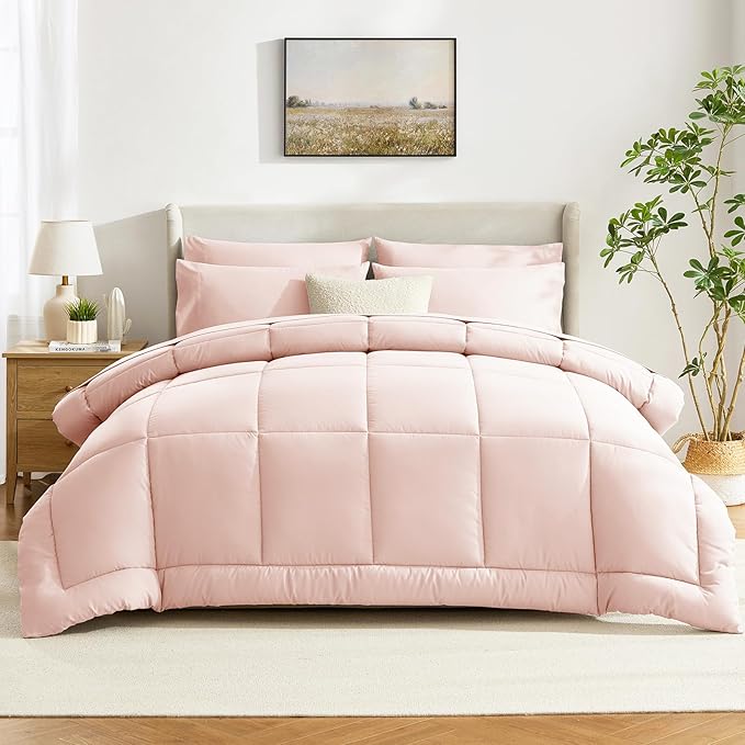 CozyLux Twin XL Comforter Set Blush Pink, 5 Pieces Twin Extra Long Bed in a Bag for College Dorm, All Season Bedding Set with Stitch Quilted Comforter, Flat Sheet, Fitted Sheet, Pillowcases
